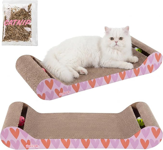 Rini 23.75" Modern Corrugated Cardboard Lounge Bed with Built-in Bell Toys and Catnip, Ergonomic Curved Sofa Scratcher for Indoor Cats, Pink/Red, (Set of 2) CSR1003D-SET2