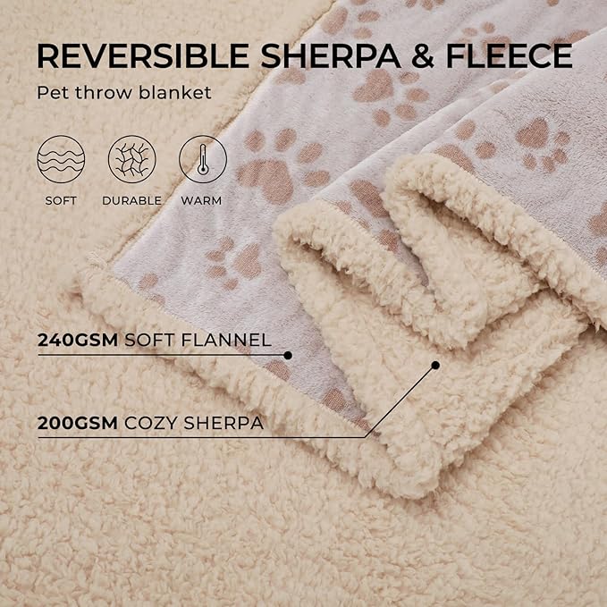 Luciphia Waterproof Pet Blankets Whith Paw Print for Couch Sofa Bed Cover, Liquid Pee Proof Soft Fluffy Dog Blanket Washable, Reversible Furniture Protection Puppy Cat, Khaki, Large（65" x 57"）