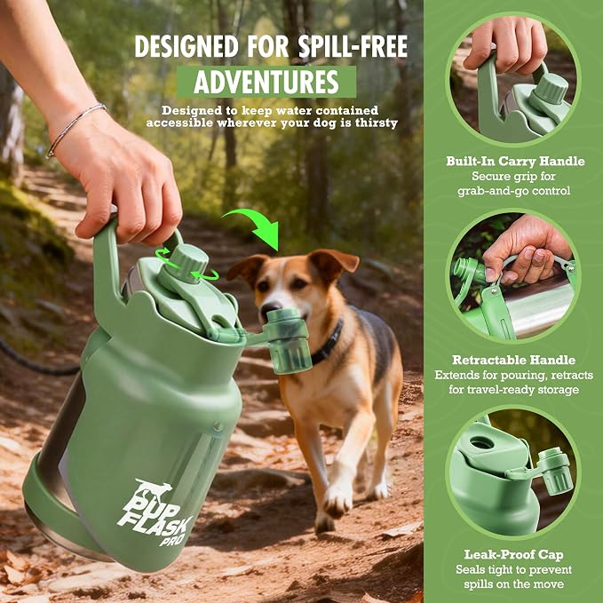 PupFlask Pro Dog Water Bottle | 30 or 50 OZ Double Wall Insulated Stainless Steel | Built-In Flip Cup Bowl | Leak Proof Cap | 24+ Hour Cold Water | Small & Large Dogs | Portable Pet Hydration Bottle