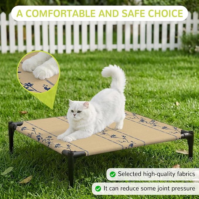 Outdoor Elevated Dog Bed for Small Dogs, Khaki Flower Branch Breathable Cooling Raised Dog Cot for Indoor/Outdoor, Spring Summer Farmhouse Botanical Waterproof Elevated Pet Beds, S 20 x 20 in