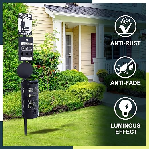Qinyoung Dog Waste Station Galvanized Steel Outdoor Pet Bin with Poop Bag Dispenser Reflective Sign Rust Proof for Backyard Commercial Park (Black)