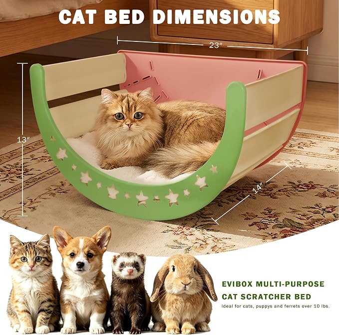 3-in-1 Crescent Elevated Cat Bed with Removable Sisal Scratcher & Soft Fleece Mat, Rocking Cat Hammock Lounge for Indoor Cats, Kittens & Small Animals, Pink