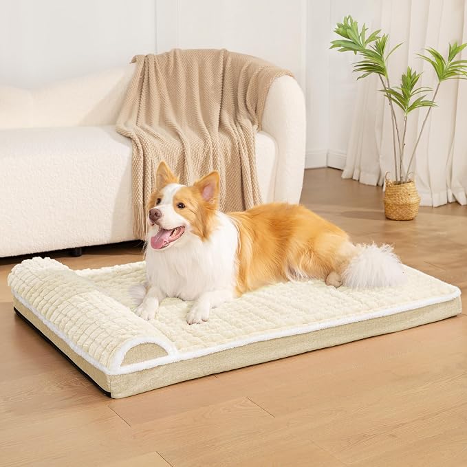 Orthopedic Large Dog Bed Pillow Pet Sofa Bed 48''X30'' Ivory | Egg-Crate Foam Pet Couch Large Sized Dog, Waterproof Removable Washable Cover,Furry Puppy Crate Mat With Nonskid Bottom