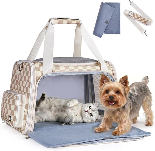 Homespon Soft-Sided Cat Carrier Dog Carrier, 34.5L Airline Approved Pet Carrier, Collapsible Travel Bag with Removable Bed for Small Dogs & Cats (Khaki Checkboard)