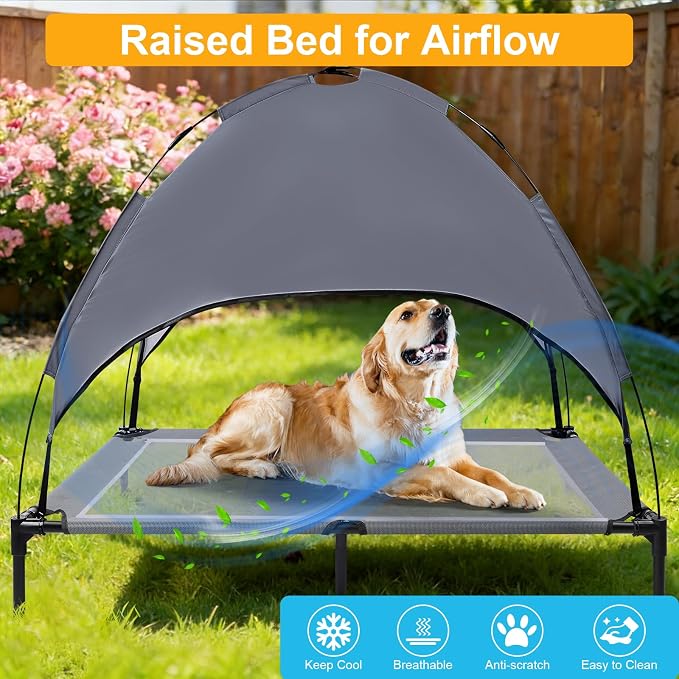 48'' Elevated Outdoor Dog Bed with Canopy, Dog Cot Beds Large Sized Dog | Outdoor Dog Bed with Canopy Medium Large Size Dogs with Ice Pack, Dog Cooling Beds, Outdoor Pet Hammock Beds, Outside Pet Bed
