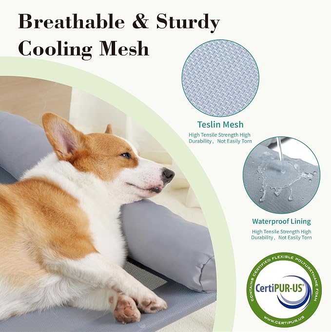 Cooling Elevated Dog Bed with Pillows,Portable Washable Raised Dog Cot with Chew Proof Mesh and Metal Frame,No-Slip Rubber Feet for Indoor & Outdoor Use,Medium,Gray