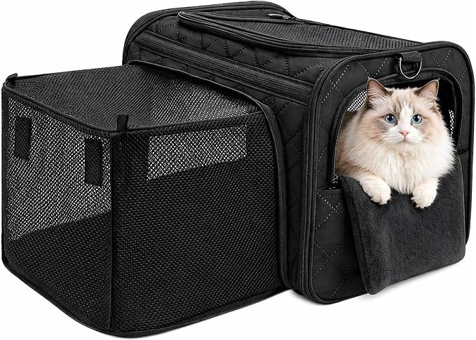 Expandable Airline Approved Cat Carrier with Large Comfort Space Soft Sided Pet Travel Bag Breathable Mesh Safe Structure Foldable Portable Carrier for Small Dogs Cats Vet Trips Flights