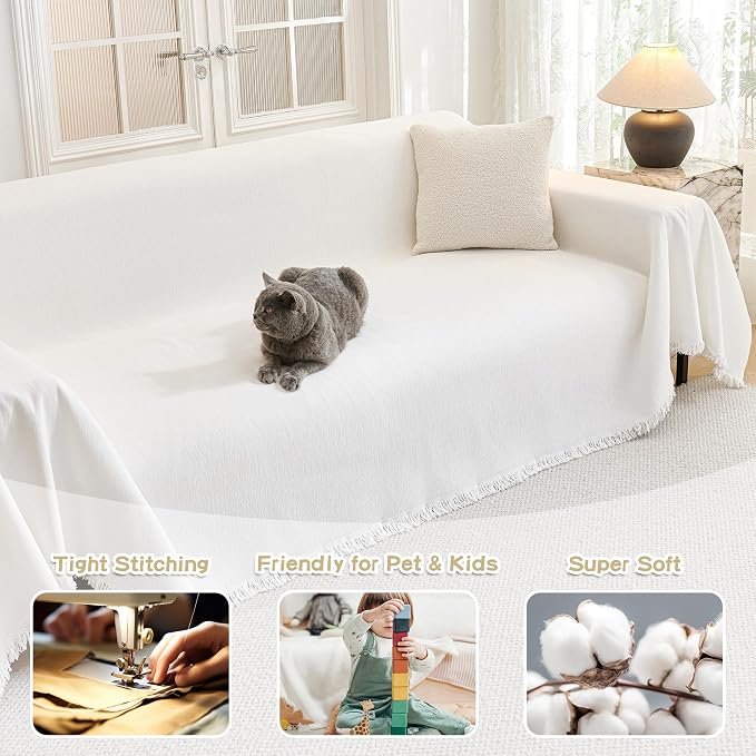 MYSKY HOME Couch Cover for Dogs Washable Couch Covers for 3 Cushion Couch Sofa Super Soft Sofa Slipcover Non Slip Sofa Cover, Chenille Sofa Covers for Dogs, Furniture Protector, 71"x150", White