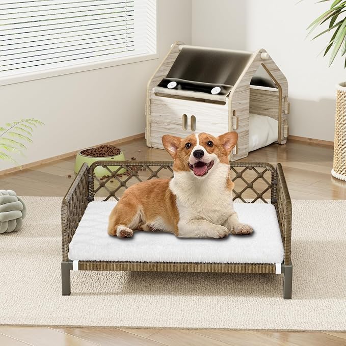 Indoor & Outdoor Dog Bed, Elevated All-Weather Wicker Pet Sofa with Washable Waterproof Cushion, Durable Rattan Dog Couch for Small Dogs, Brown Rattan/White Mat