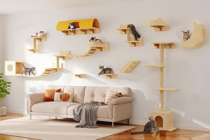 Cat Wall Furniture, 26 in 1 Cat Shelves w/Cat Tree, Tunnel, Beige | Wall Mounted Cats Furniture Set w/Plush Fabric, Cat Climbing Systems for 16 Inch Drywall, with Scratching Posts, Bridge, Moon