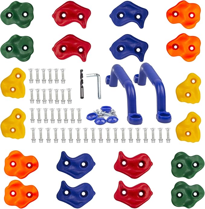KINSPORY 20pc Rock Wall Climbing Holds for Kid, Play Set Climber Attachment | Colourful anti-slip pig nose rocks, two blue handles, complete mounting hardware for indoor outdoor playground building