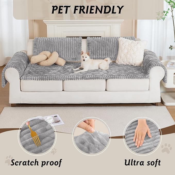 PuTian 100% Waterproof Fuzzy Couch Cover for Dogs Light Grey 27.6"x82.7" | Pet Friendly Dog Mat for Couch, Waterproof Sofa Protector, Scratch Resistant Furniture Cover for Dogs, Machine Washable