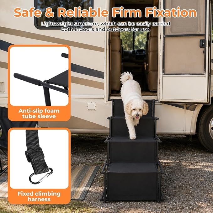 Dog Stairs for Large Dogs,4-Step Foldable Dog Ramp for Car with Non-Slip Surface & Oxford Fabric,Portable & Lightweight Pet Stairs for SUV,Truck,Bed & Couch,Supports up to 132 lbs (Black)