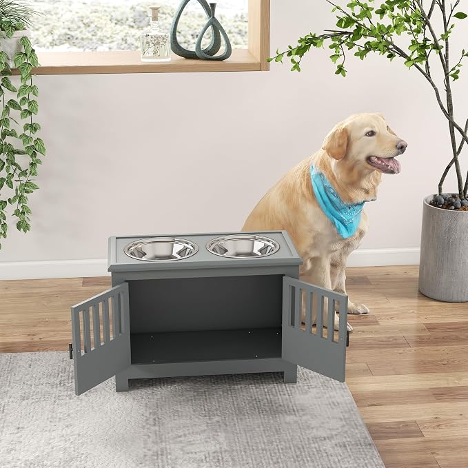 PawHut Large Elevated Dog Bowls with Storage Cabinet, 37L Gray | Raised Dog Bowl Stand Pet Food Bowl Dog Feeding Station