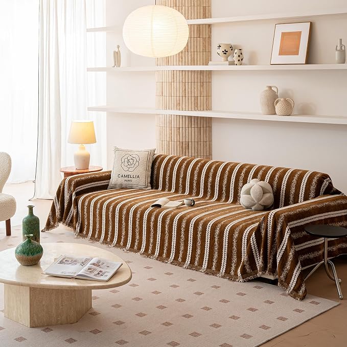 VClife Sofa Cover Bohemian Striped Pattern Couch Cover for Oversized Sofa - Caramel Brown Creamy White Textured Sofa Slipcover Washable Furniture Protector for Couch Decorative Couch Cushion Cover