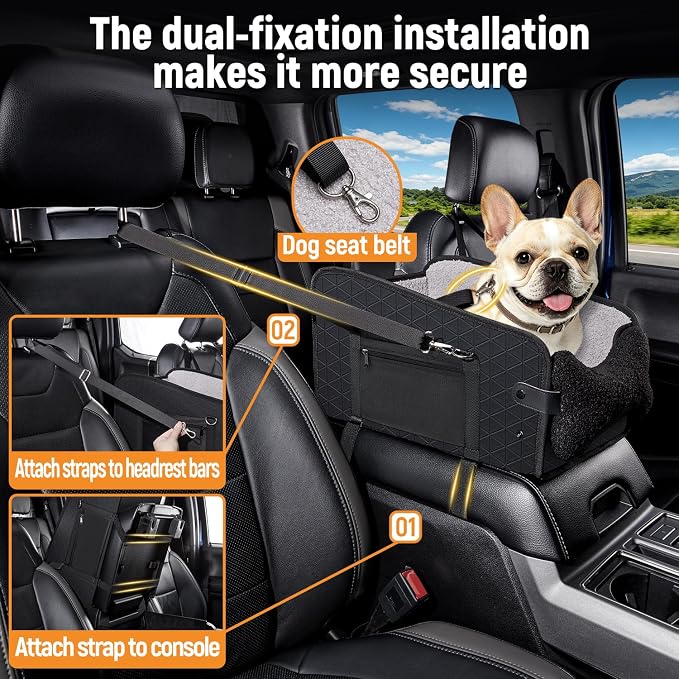 YJGF Center Console Dog Car Seat for Truck,Dog Car Seats for Small Dogs with Soft Pad,Pet Puppy Cars Seat (Black, Large)