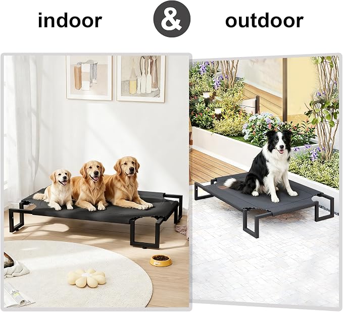 Elevated Dog Bed,Raised Outdoor Dog Bed for XLarge Sized Dogs | Waterproof Cooling Dog Cot with Washable Breathable Teslin Mesh,Pet Bed with Heavy Duty Frame,No-Slip Feet,Black 125×85×21cm
