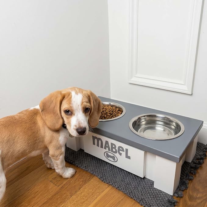 Elevated Dog Bowls for Small Dogs, Personalized Food Stand for Toy Breed | Farmhouse Style, Elevated Wood Stand, Storage Container, Stainless Steel Bowls, Raised Anti-Slip Feeder, Made in USA
