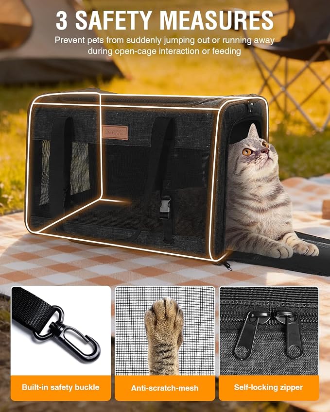 PETUX Large Pet Carrier for Large Cats up to 20 lb for Travel | Top & Side Entry, 4 Side Breathable, Foldable Soft Cat Travel Carrier with Safety Car Seat Buckle & Anti-Scratch Mesh, Black