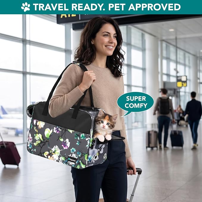 PetAmi Dog Purse Carrier for Small Dogs Cats, TSA Airline Approved Soft-Sided Pet Carrier with Pockets, Ventilated Travel Tote Bag with Bed & Shoulder Strap, Puppy Kitten, Max 12 lbs, Floral Gray