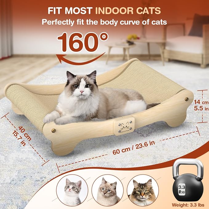 NOCOEX Sisal Cat Scratcher Bed: Wood Scratch Board Hammock for Indoor Cats | Natural Solid Wood Curved Frame Lounger Sleep Scratching Pad Post Large Cats 45 lbs, Easy Assembly Modern Furniture Protector
