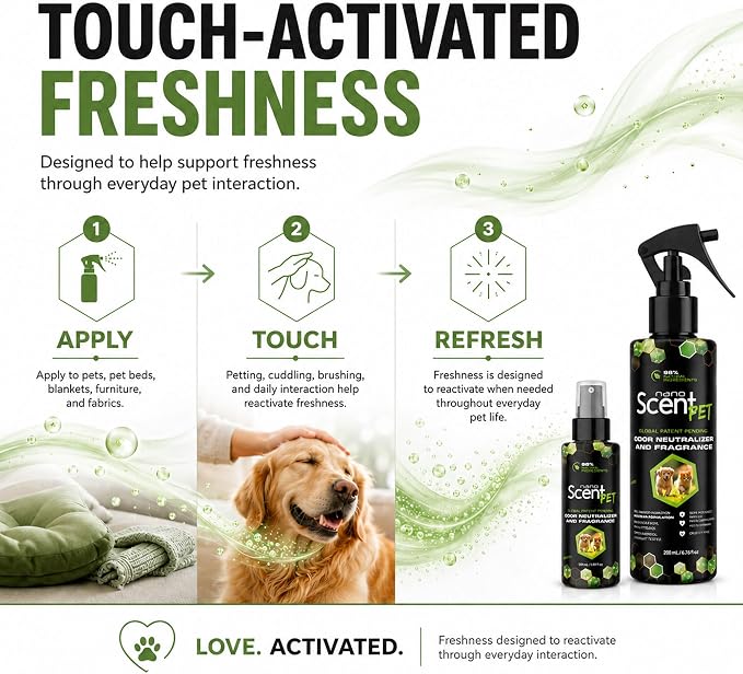 Pet Freshening & Odor Neutralizing Spray for Dogs, Cats, Fabrics, Pet Beds & Furniture, Fresh Between Baths, Touch-Activated Freshness, 98% Natural, Alcohol-Free Formula - Spring Mist (200mL) | Long-lasting Spring Mist freshness with nanoSCENT Technolo...