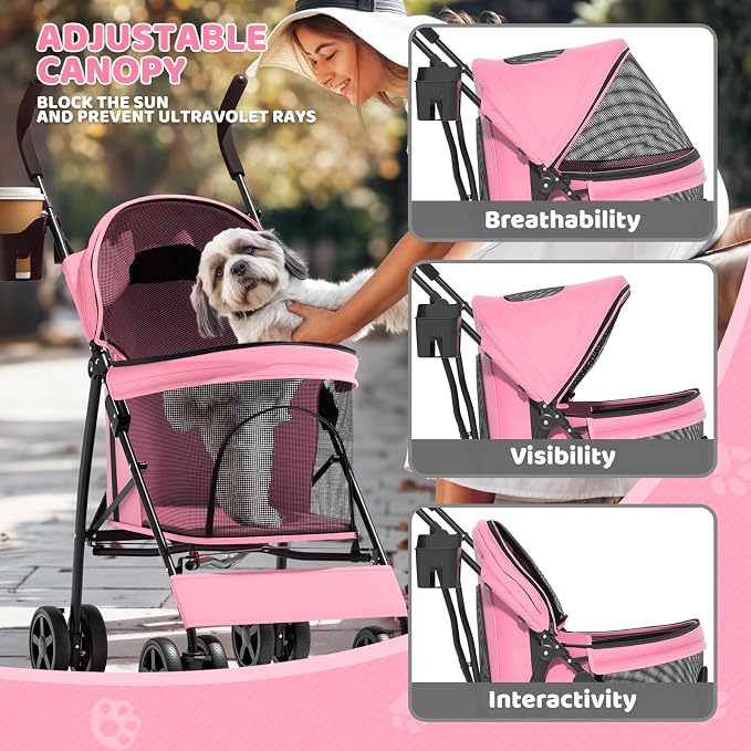 Magshion Compact Pet Stroller for Small-Medium Dogs/Cats up to 22lbs, 4-Wheel Lightweight Umbrella Shaped Portable Puppy Travel Jogger with Breathable Mesh, Cup Holder & Rear Storage, Pink