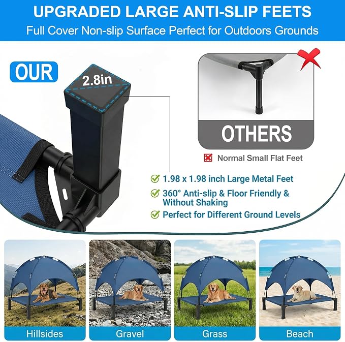 Elevated Dog Bed with Canopy Raised Pet Cot for Large Dogs, Outdoor Dog Cot with Removable Sun Shade Tent, Breathable Mesh Portable Dogs Cot for Camping, Beach, Backyard, Outdoor Use
