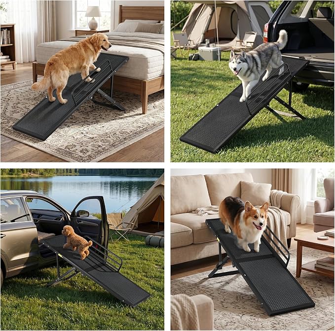 Dog Ramp for Bed,Couch,Car, 5-Level Adjustable Foldable Pet Ramp | With Non-Slip Rubber Surface & Safety Side Rail, Adjustable Height 16"-23.6", For Small & Medium Dogs, Supports Up to 200 lbs