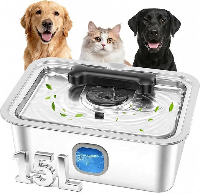 Large Water Fountain for Dog Cat, 4Gallon Stainless Steel Pet Drinking Dispenser Automatic Fresh Flow Bowl Inside with Filter, 15L Extra Huge Refillable Water Dispenser Indoor
