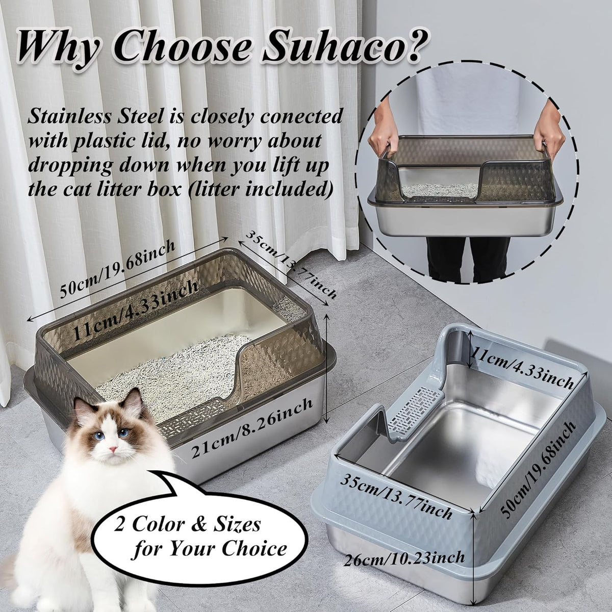 Suhaco Stainless Steel Litter Box Side Entry, Kitty Litter Mat and White Scoop Included Covered Metal High Sided Extra Large Cat Litter Box with Lid Removable Enclosure for Medium Cats (Tall Black)