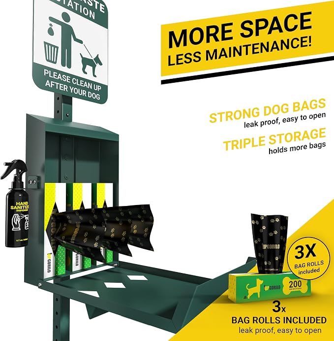Mini Pet Waste Station - Includes 600 Dog Poop Bags - Original Glow in the Dark Dog Waste Station and Dog Poop Sign, Triple Storage Dog Poop Bag Dispenser with Hand Sanitizer Bottle