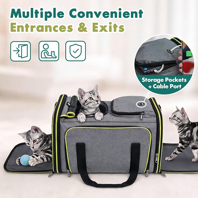 Large Expandable Cat Carrier, Airline Approved with Ventilated Top Side Panels, Durable Chew-Resistant 600D Fabric, for Cats and Small Dogs, Car Airplane Travel, Green