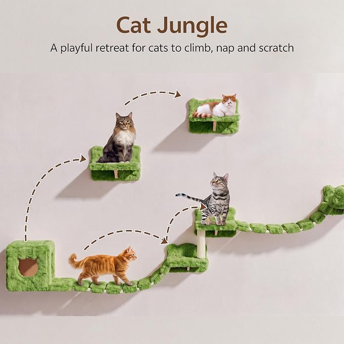 9-in-1 Cat Wall Shelves, Cat Wall Furniture Set with Bridge, Green | Wall Mounted Cats Shelf for Space-Saving, Multi-Level Cat Climbing Systems for 16 Inch Drywall, with Scratching Posts, Condos