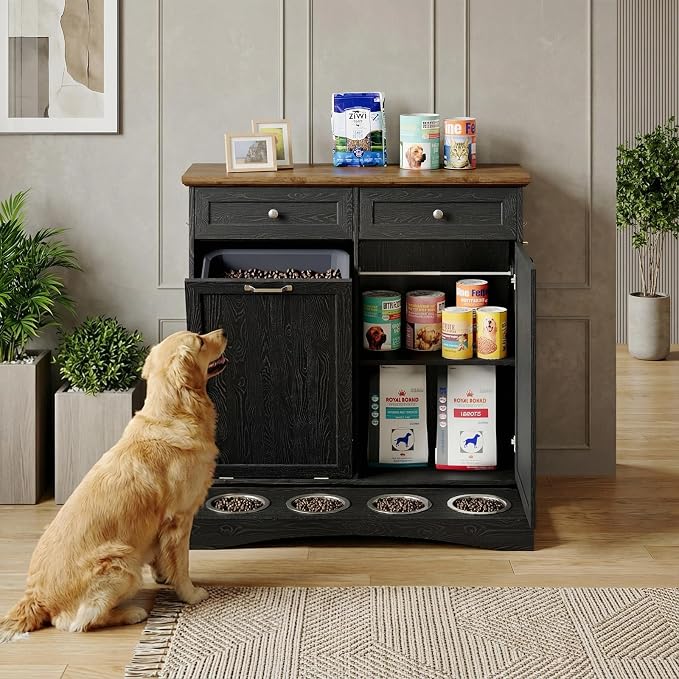 39.7’’W Dog Feeding Station, Tilt-Out Dog Food Cabinet for Multi-Pets, Pet Feeder Station with 4 Feeding Bowls, Dog & Cat Storage Organizer with Hanging Rod, (Black, Dual Doors)