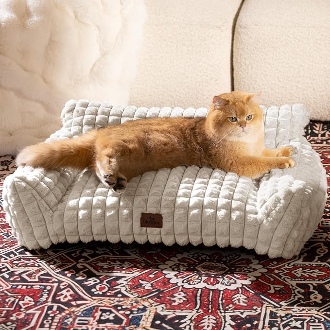 Cute Dog Beds for Small/Medium Dogs/Cats, Washable Dog Sofa Faux Rabbit Fur Pet Bed, Supportive Dog Couch with Removable Zipper Cover for Indoor Cats/Dog, 30 x 20 x10inch, Off White