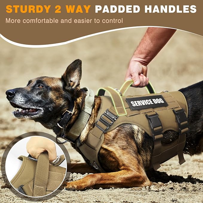 Service Dog Vest Harness for Large Dog, Tactical Working MOLLE Vest with 10 Pet Patches, No Pull Heavy Duty Harness for Training Walking