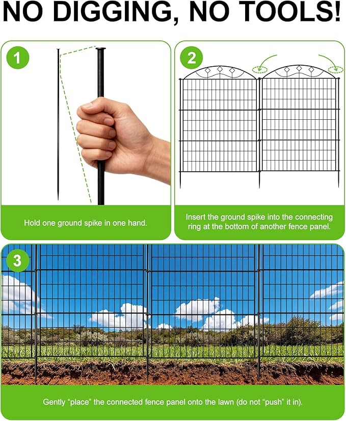 10 Panels Black Metal No Dig Garden Fence, 33in H x 24ft L Temporary Animal Barrier for Dogs & Rabbits, Reusable Outdoor Yard Fencing with Lock