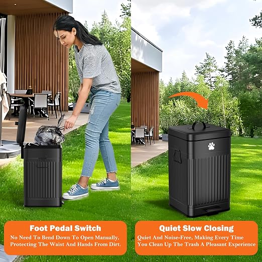 Dog Poop Trash Can Outside - 12L/3.1Gal Metal Outdoor Trash Can with Lid | Outdoor Dog Poop Trash Can with 40 Bags and Removable Inner Bin, Dog Waste Container with Lid Soft Close, Rectangular Black