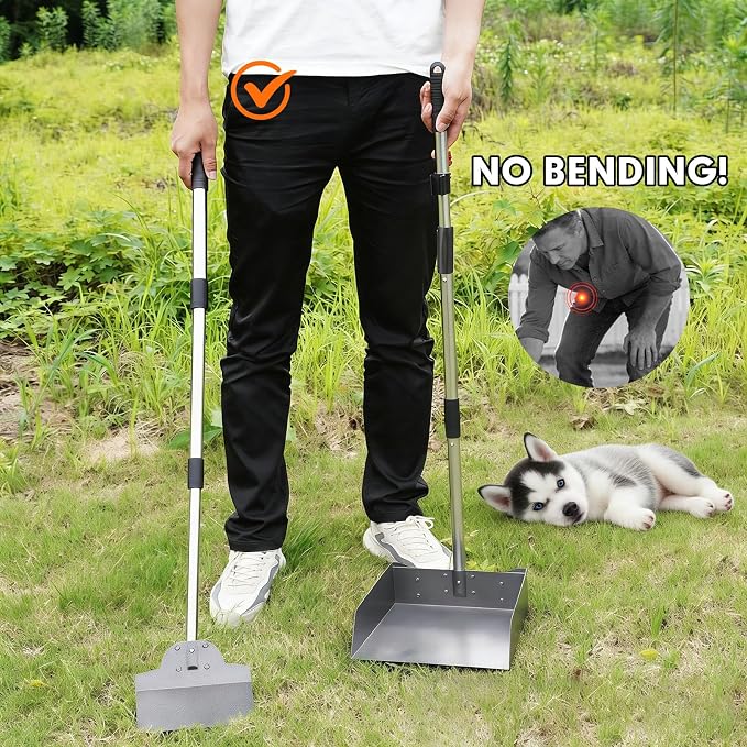 Dog Pooper Scooper, Metal Tray & Spade with 38.2" Long Handle | Large Dog Poop Scooper: 9.5x9x3.1in Tray, 7.7x6in Spade, No-bend Pickup, Yard and Kennel, Tool-free Setup