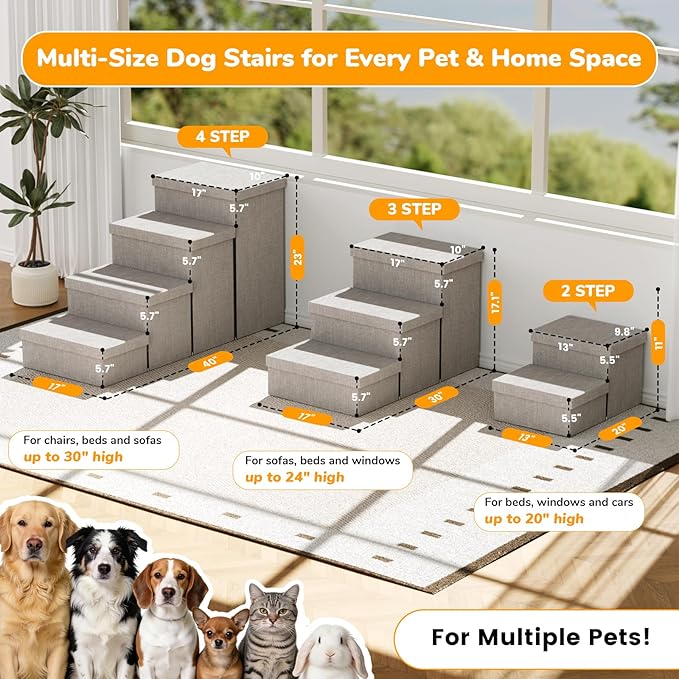 3-Step Wide Dog Stairs with Storage 18" H, Non-Slip Sturdy Pet Steps for High Bed Couch Window, Pet Stairs for Small/Medium/Large Old Dogs Cats Up to 200lbs, Cat Dog Steps for Car/SUV, Grey