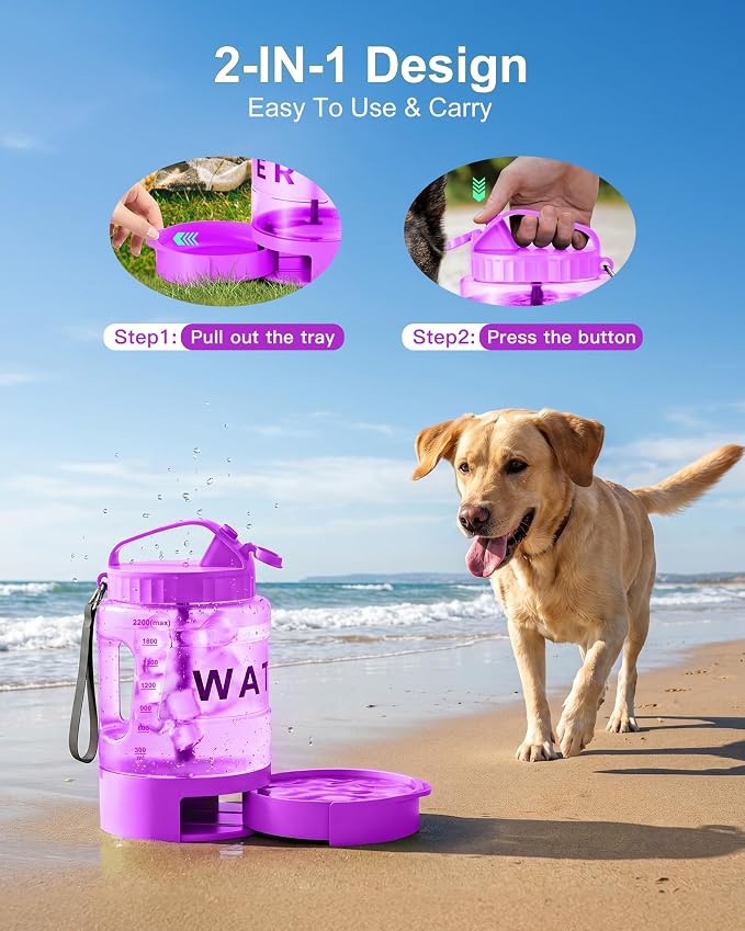77oz Dog Water Dispenser, 2.2L Large Portable Dog Water Bottle with Pull-Out Drinking Bowl, BPA Free Leak-Proof Pet Travel Water Container for Camping, Hiking, Beach, Car Travel Essentials- Purple