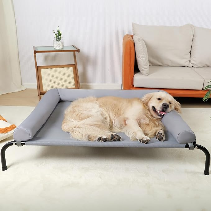 Cooling Elevated Dog Bed with Pillows,Portable Washable Raised Dog Cot with Chew Proof Mesh and Metal Frame,No-Slip Rubber Feet for Indoor & Outdoor Use,XLarge,Gray