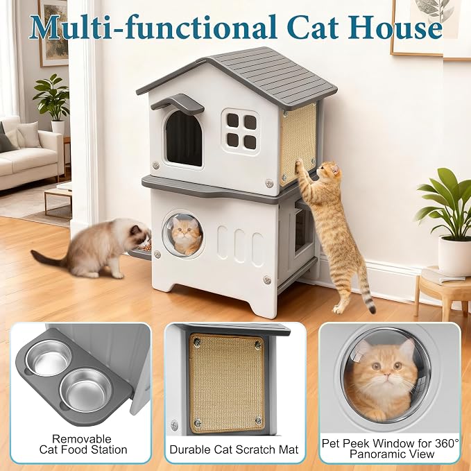 Cat House Outdoor Weatherpoof Plastic Cats Houses 2-Story | with Elevated Cat Bowls, Cat Scratch Pads and Escape Door, Indoor Waterproof Feral Cat Shelter Outside for Multiple Cats