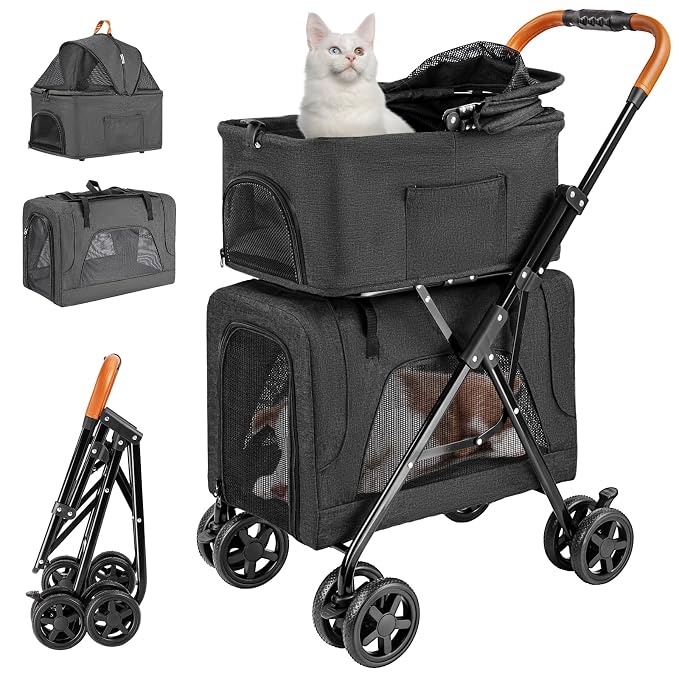 Double Pet Stroller with Detachable Carrier for Medium Small Dogs and Cats, Lightweight Dog Stroller Travel Carriage with No-Zip Canopy Storage Basket One-Click Folding and One-Foot Brake