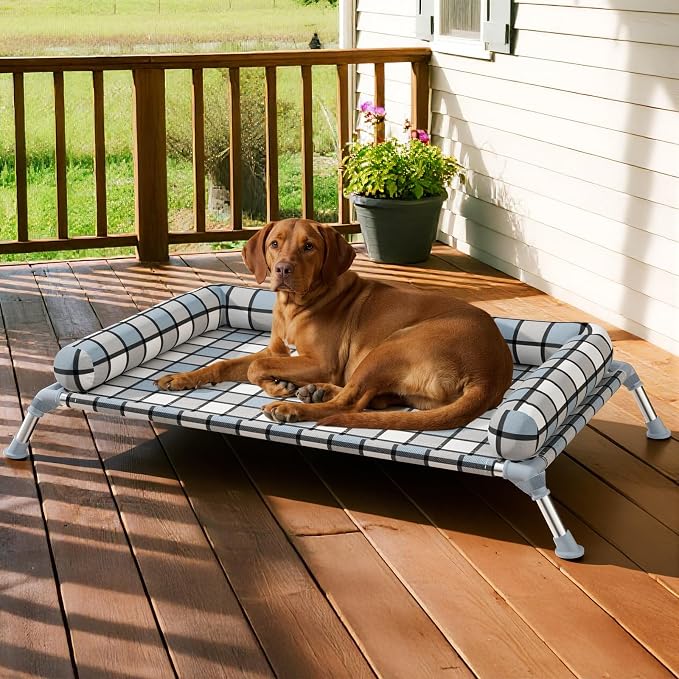 Elevated Dog Bed with Bolster,Portable Raised Lifted Pillow Pet Cot Beds | Breathable Fabric Dogs Hammock Bed for Indoor & Outdoor, Stainless Steel Frame, Anti-Slip Feet