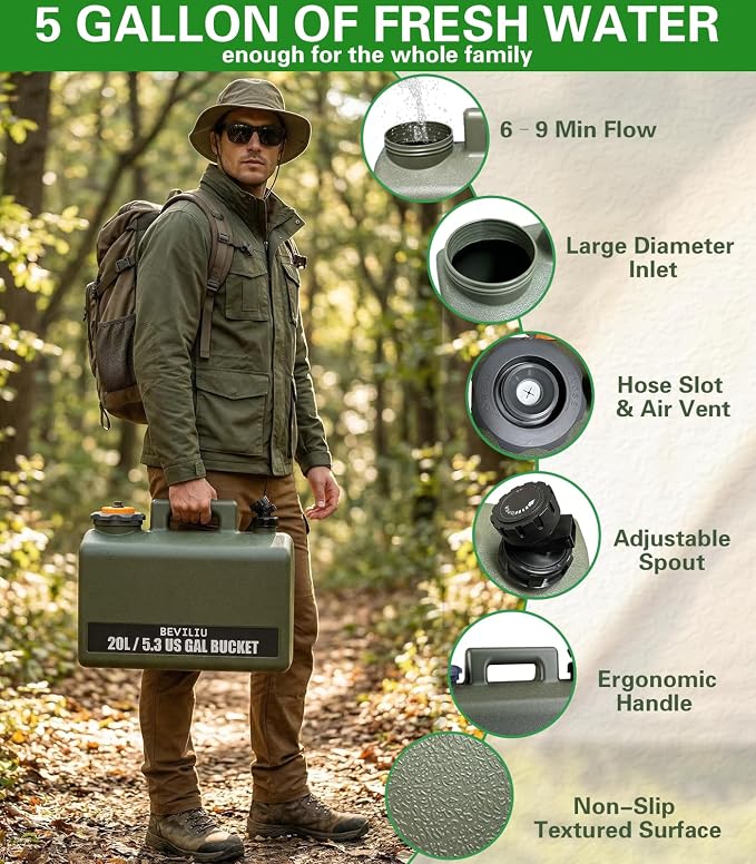 Beviliu Portable Camping Shower – 3 Gallon & 5 Gallon Food-Grade Jug, Rechargeable Pump, IPX8 Waterproof, Lightweight & Extra-Large Portable Shower for Camping, Beach, RV, Pet
