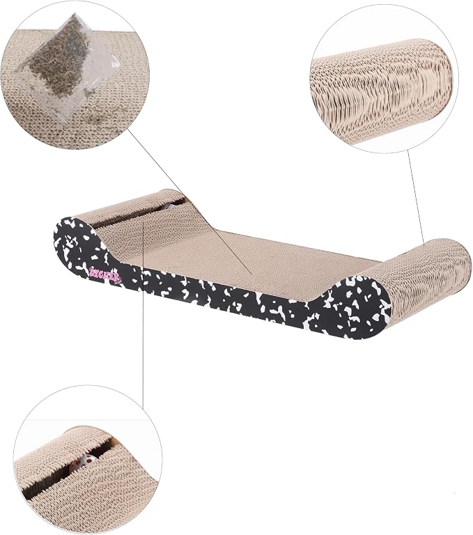 CSR1003B Rini 23.75" Modern Cardboard Lounge Bed Cat Scratcher with Built-in Bell Toys and Catnip, Black/White