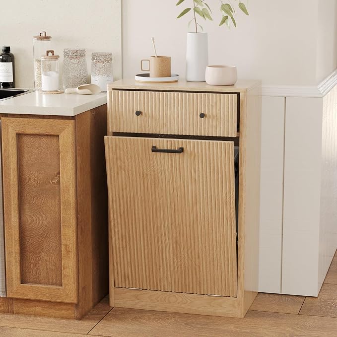 10 Gallon Tilt Out Trash Can Cabinet with Drawer - Modern Fluted Hidden Garbage Bin Holder, Curved Edge Wooden Laundry Hamper Cabinet, Natural Oak