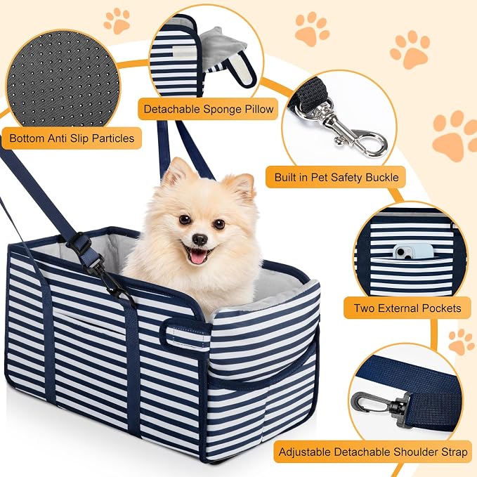 Portable Dog Car Seat for Small Dogs, Puppy Car Seat, Blue Stripes | Booster Seat With Safety Leash & Adjustable Straps Keeps Small Dogs Secure. Removable Washable Cushion. Fits Most Cars.